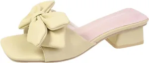 Women's Fashion Bowknot Chunky Heel Mule Sandals Square Open Toe Slip On Mid Block Heels Slide Sandals Sexy Wedding Bridal Party Dress Shoes