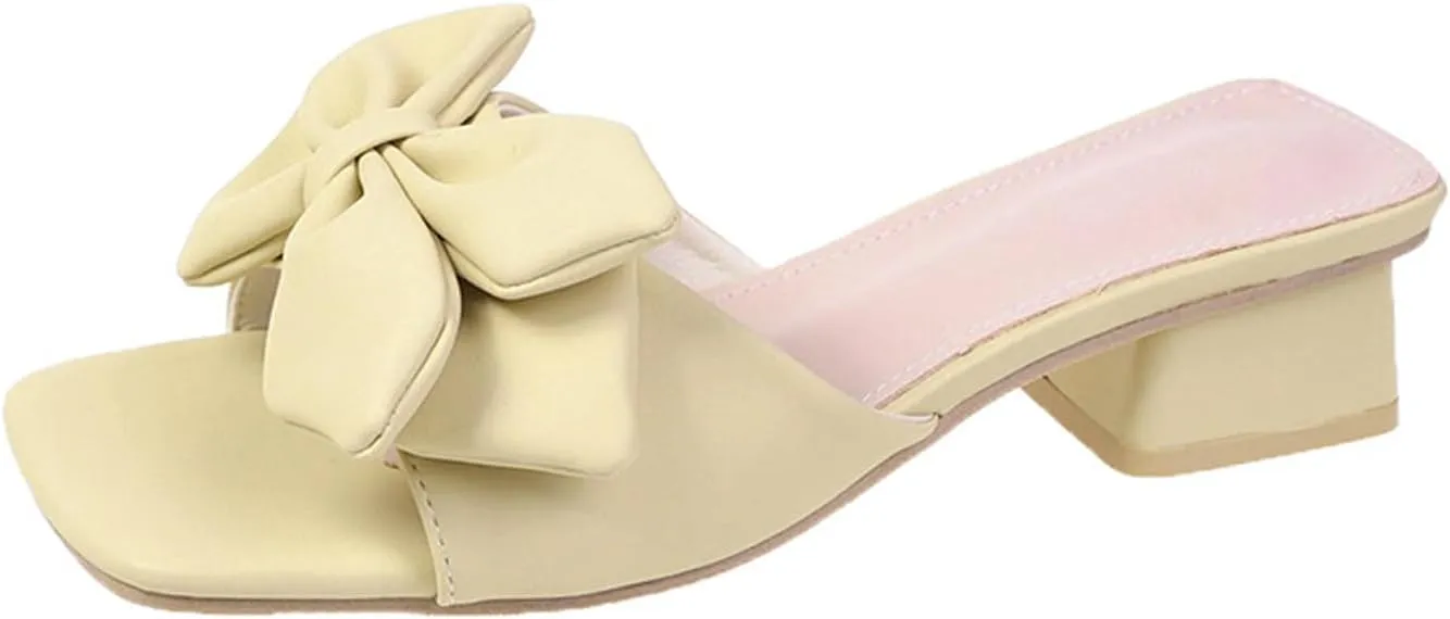 Women's Fashion Bowknot Chunky Heel Mule Sandals Square Open Toe Slip On Mid Block Heels Slide Sandals Sexy Wedding Bridal Party Dress Shoes