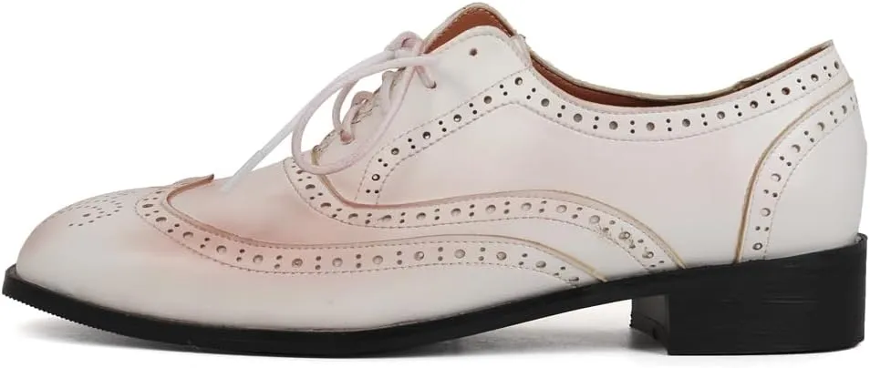 Women's Flat Saddle Oxford Shoes Square Toe Wingtip Perforated Lace Up Comfort Low Heel Oxfords Brogues