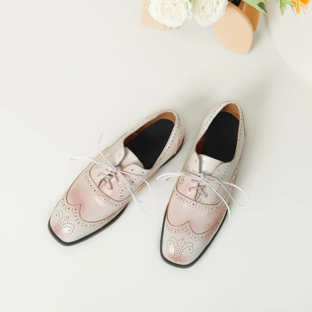 Women's Flat Saddle Oxford Shoes Square Toe Wingtip Perforated Lace Up Comfort Low Heel Oxfords Brogues