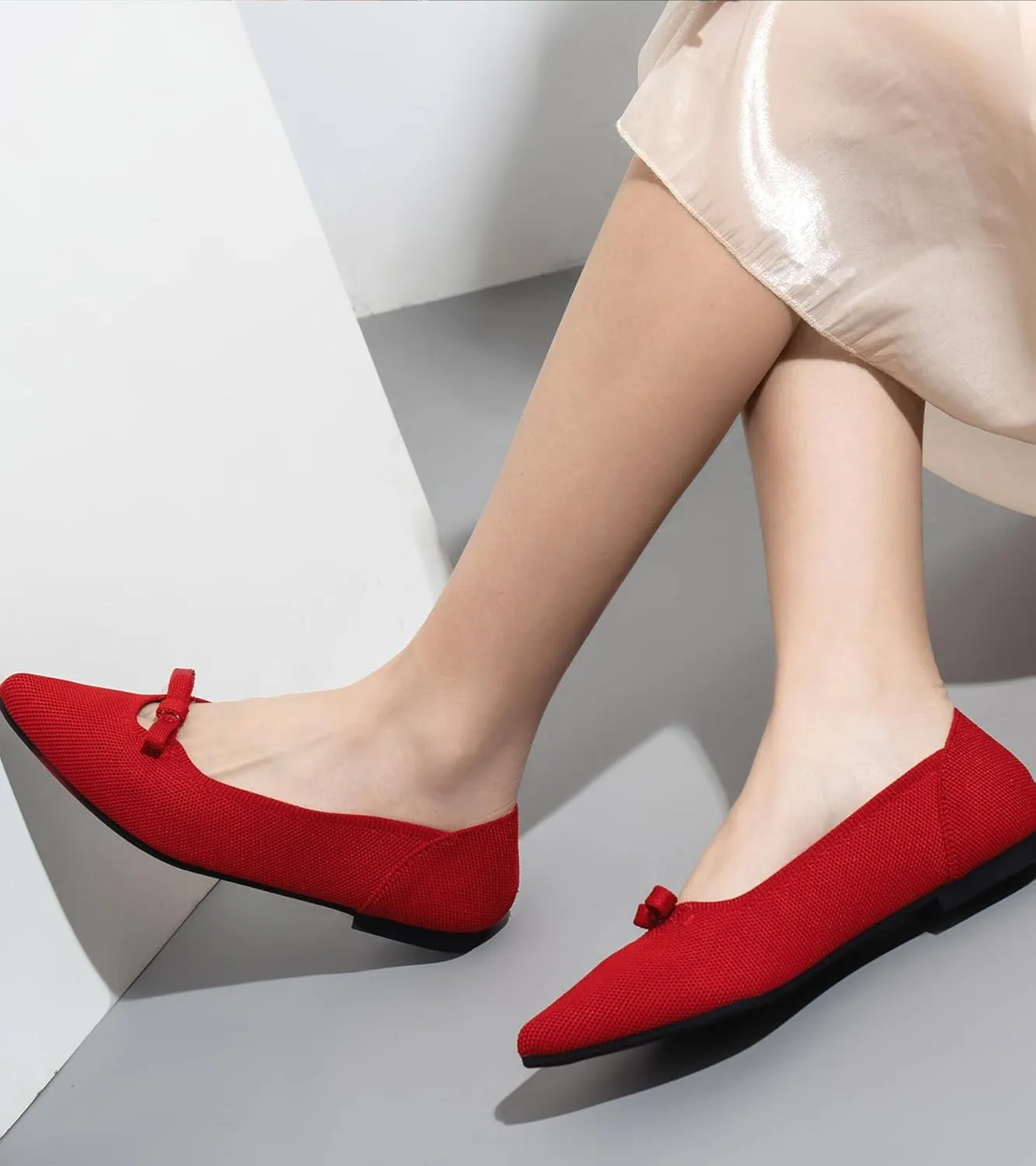 Women's Flats Shoes Comfortable Slip On Shoes Classic Dressy Pointed Toe Bow Knit Ballet Flat