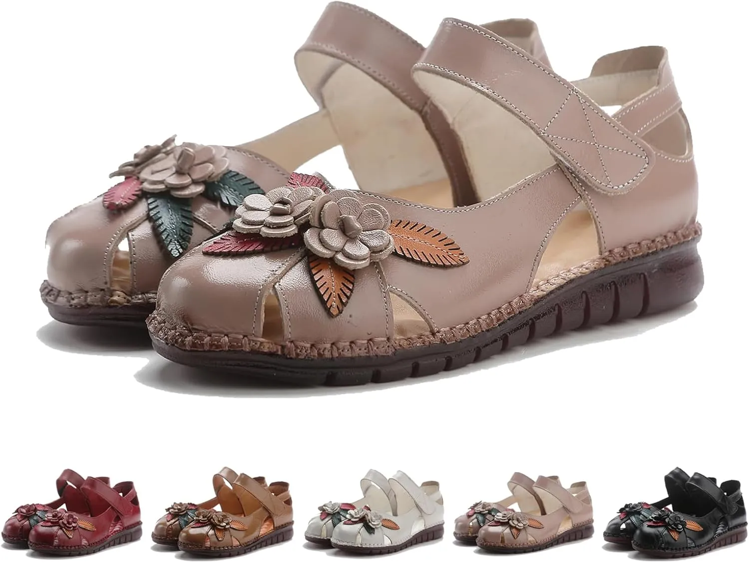 Women'S Genuine Leather Flower Hollow Flat-Bottom Walking Sandals Retro Closed Round Toe Comfy Soft Bottom Hook And Loop Sandals– Ideal for Walking & Vacation