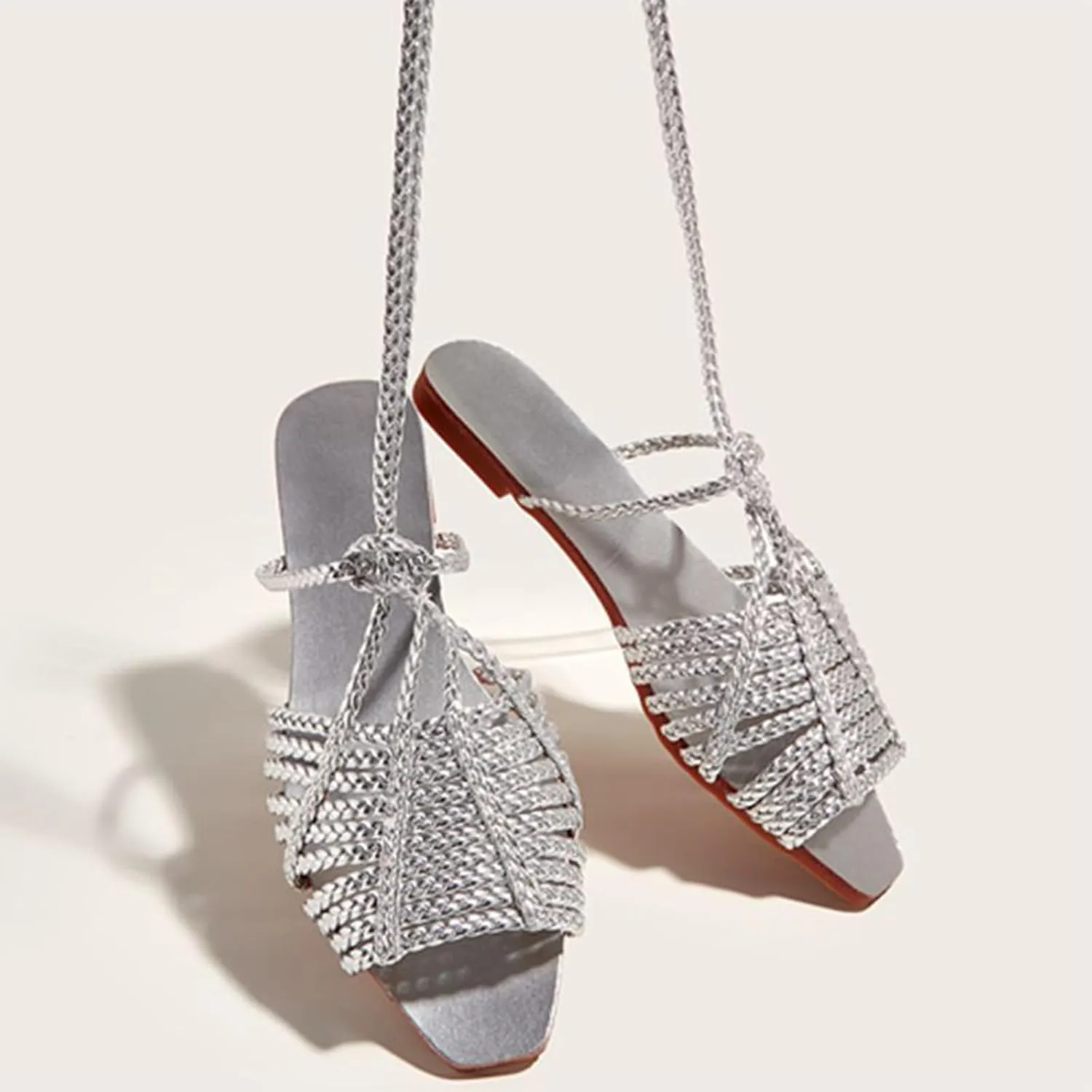 Women's Gold Cross Braided Strap Flat Fish Mouth Roman Sandals Summer Square Toe Sexy Adjust Lace Up Comfortable Soft Sole Boho Sandals Suitable for Party Dress Beach