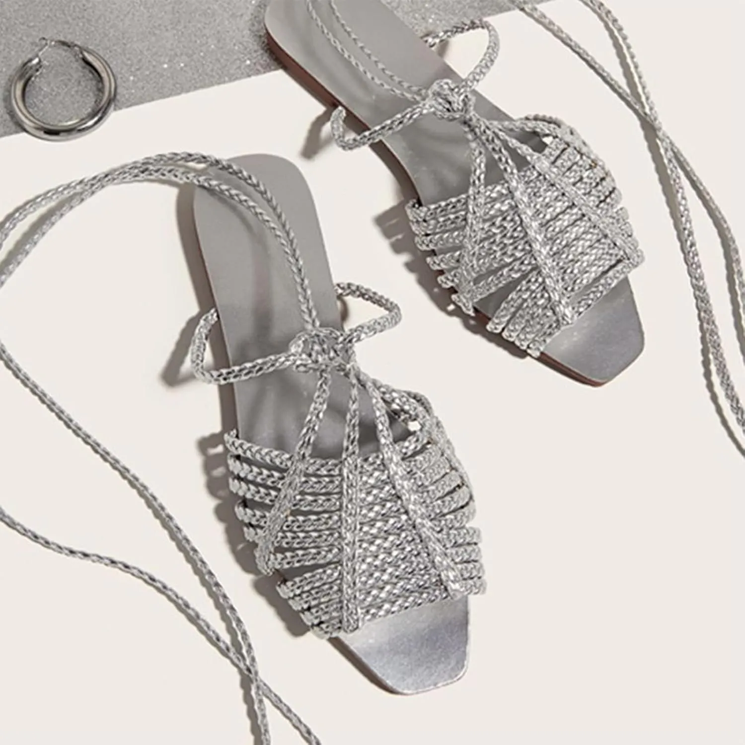 Women's Gold Cross Braided Strap Flat Fish Mouth Roman Sandals Summer Square Toe Sexy Adjust Lace Up Comfortable Soft Sole Boho Sandals Suitable for Party Dress Beach