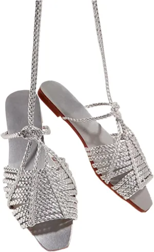 Women's Gold Cross Braided Strap Flat Fish Mouth Roman Sandals Summer Square Toe Sexy Adjust Lace Up Comfortable Soft Sole Boho Sandals Suitable for Party Dress Beach