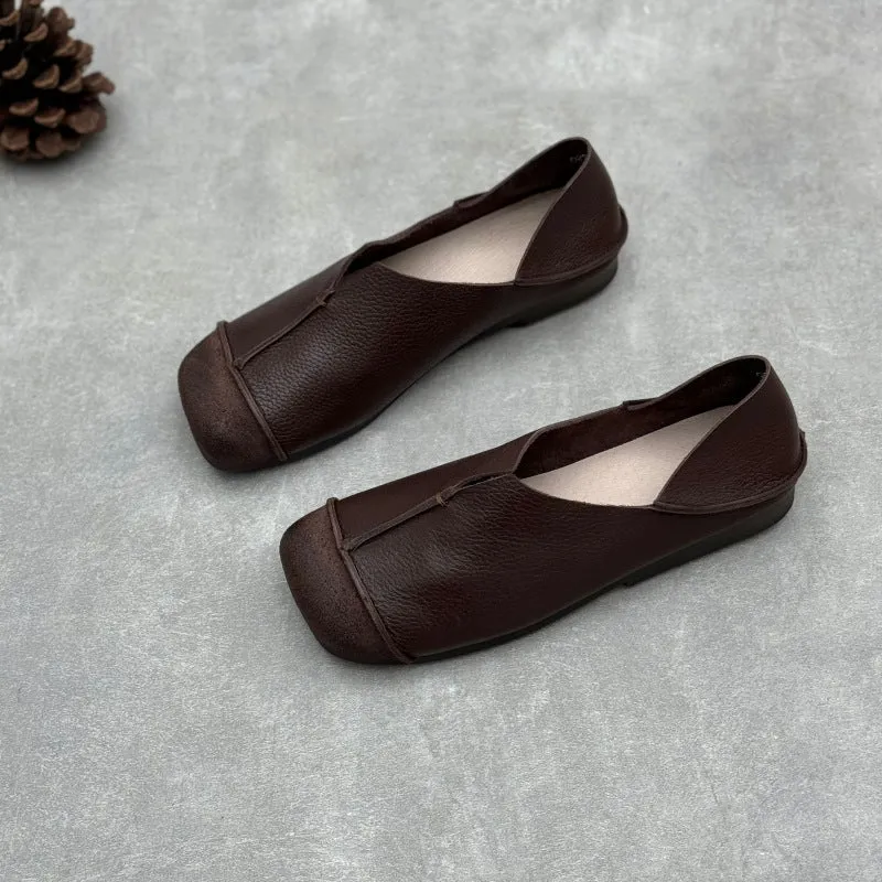 Women's Handmade Retro Square Toe Cowhide Deep-Vamp Flat Casual Shoes