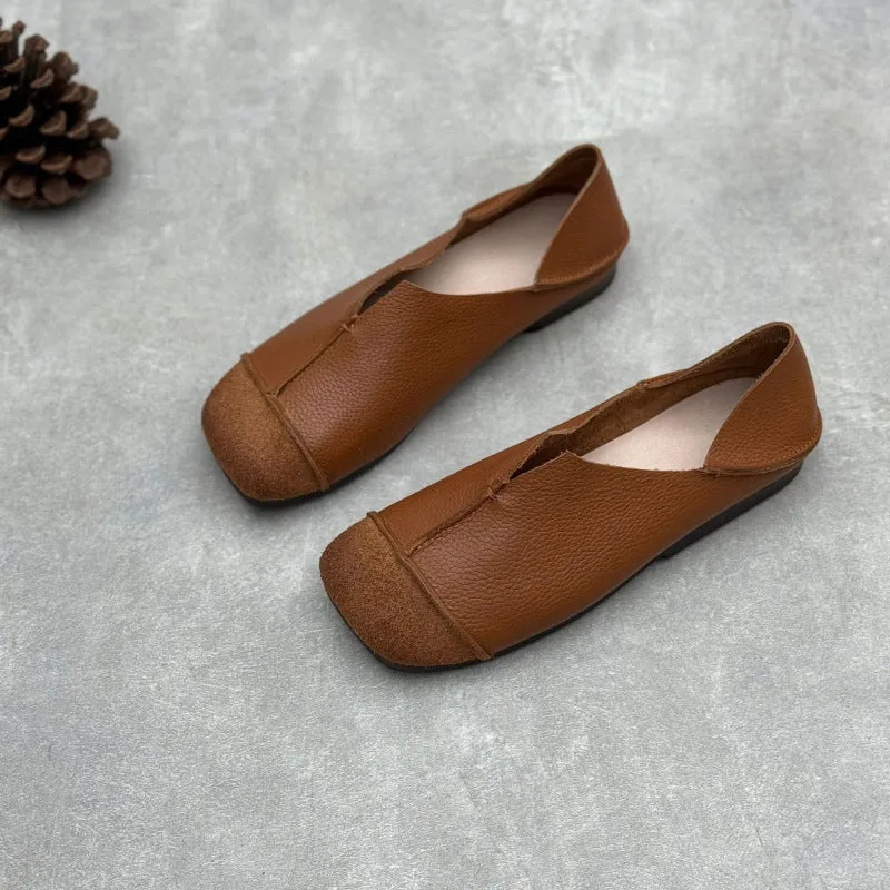 Women's Handmade Retro Square Toe Cowhide Deep-Vamp Flat Casual Shoes