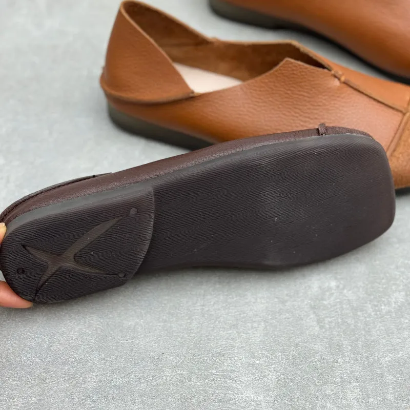 Women's Handmade Retro Square Toe Cowhide Deep-Vamp Flat Casual Shoes