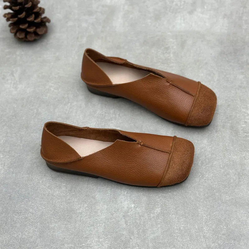 Women's Handmade Retro Square Toe Cowhide Deep-Vamp Flat Casual Shoes