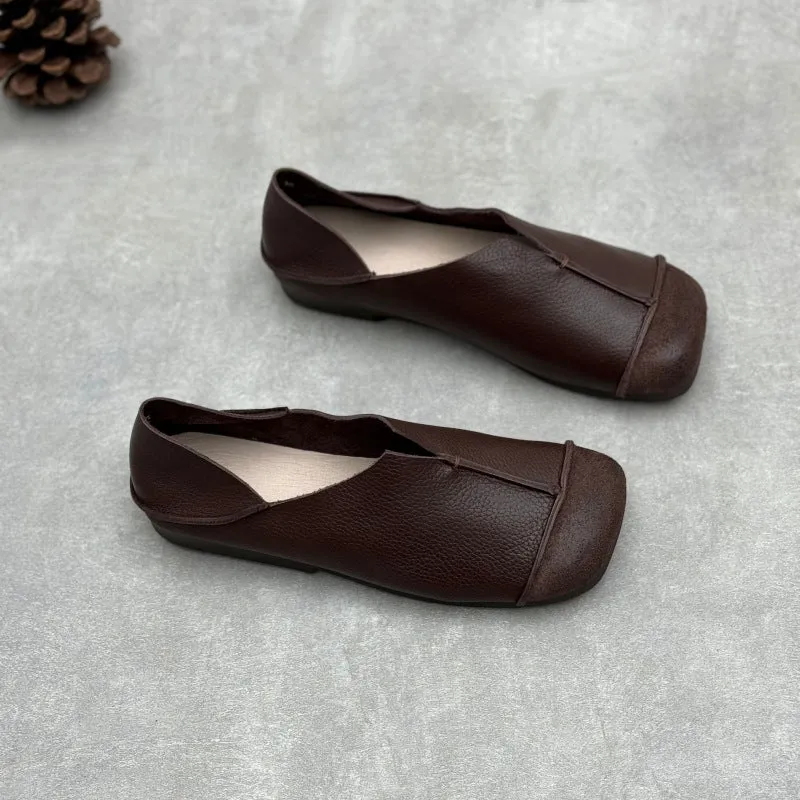 Women's Handmade Retro Square Toe Cowhide Deep-Vamp Flat Casual Shoes