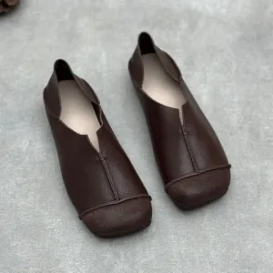 Women's Handmade Retro Square Toe Cowhide Deep-Vamp Flat Casual Shoes