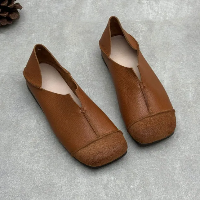 Women's Handmade Retro Square Toe Cowhide Deep-Vamp Flat Casual Shoes