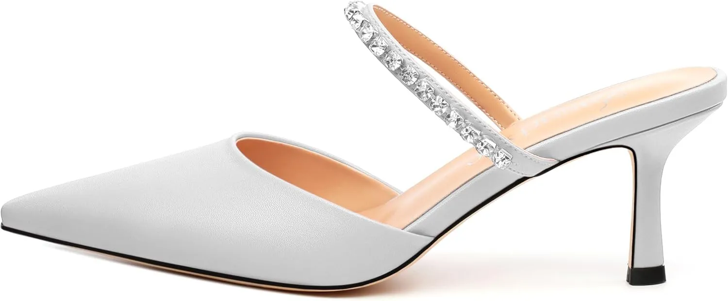 Women's Heeled Mules Rhinestone Strap Pointed Toe Pumps Stiletto Mid Heels Slip On Wedding Party Sandals for Women 2.5 Inch