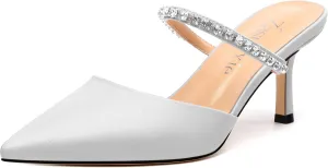 Women's Heeled Mules Rhinestone Strap Pointed Toe Pumps Stiletto Mid Heels Slip On Wedding Party Sandals for Women 2.5 Inch