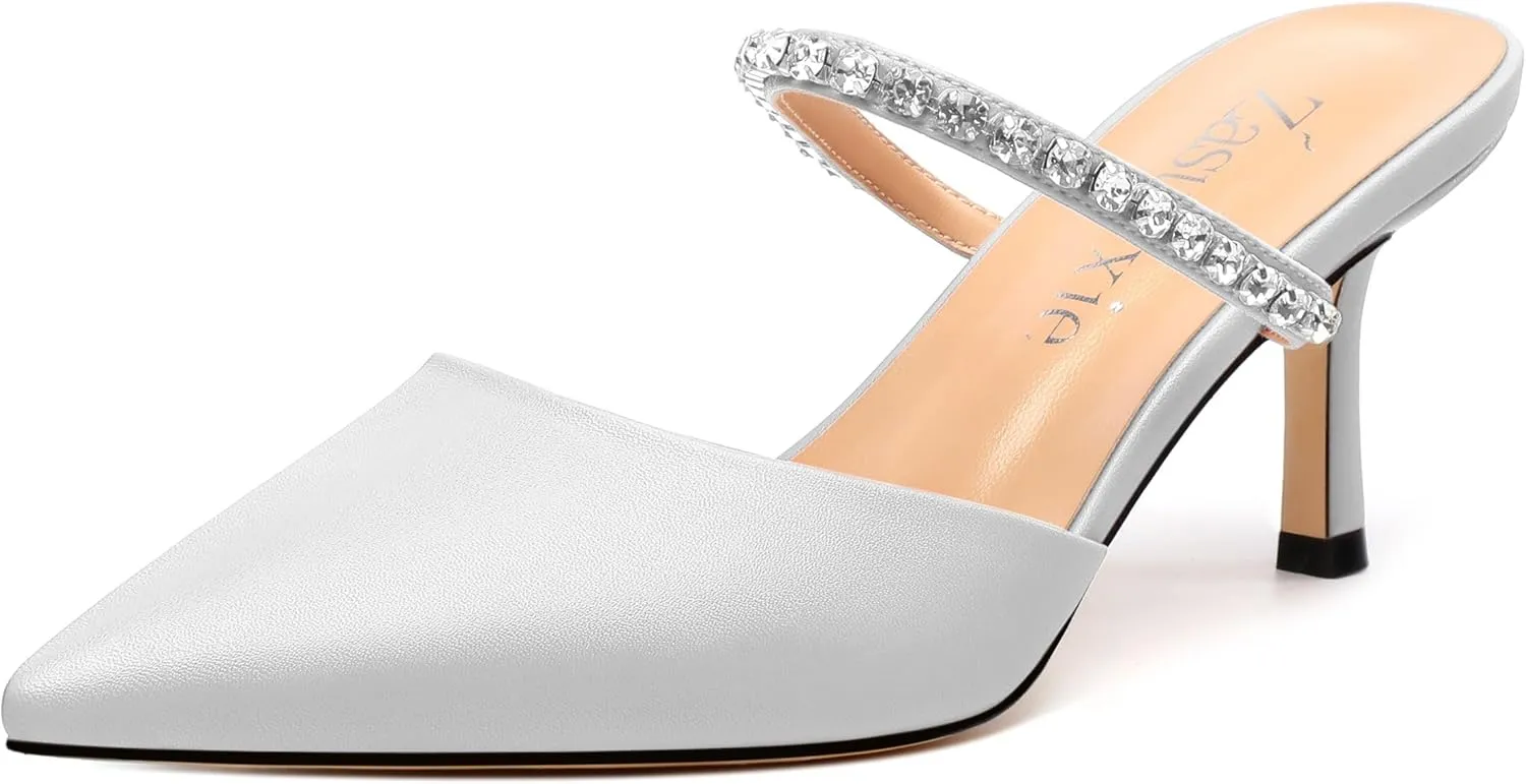Women's Heeled Mules Rhinestone Strap Pointed Toe Pumps Stiletto Mid Heels Slip On Wedding Party Sandals for Women 2.5 Inch