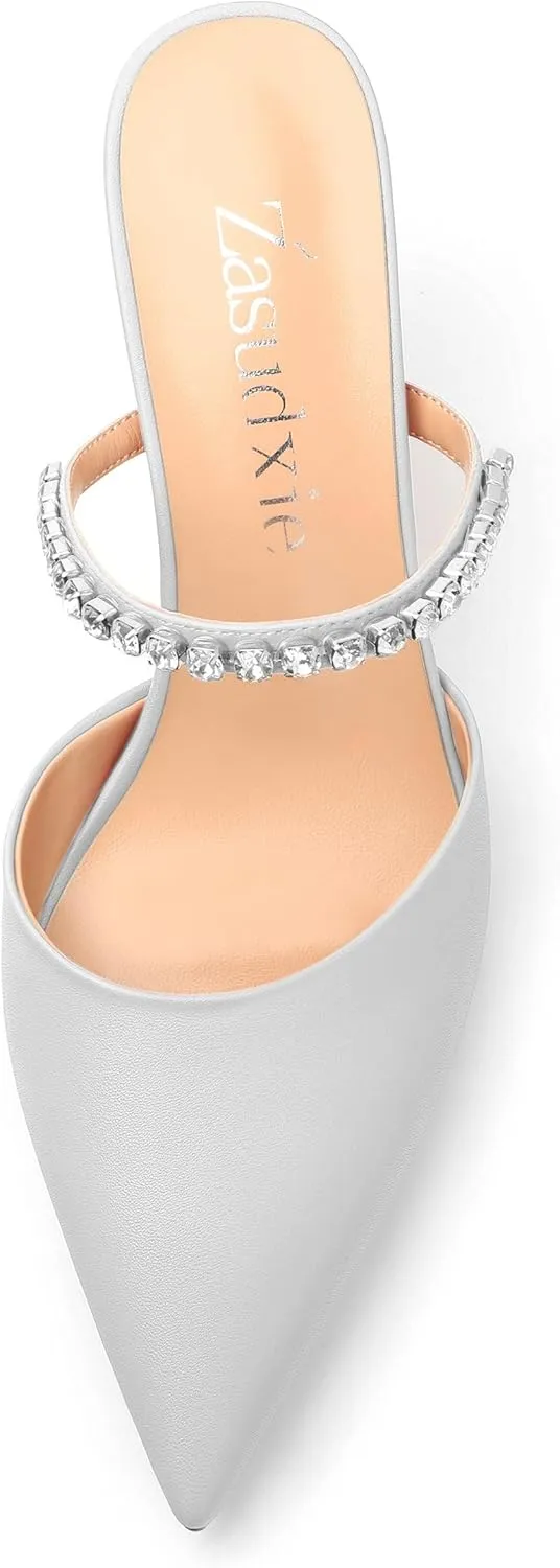 Women's Heeled Mules Rhinestone Strap Pointed Toe Pumps Stiletto Mid Heels Slip On Wedding Party Sandals for Women 2.5 Inch