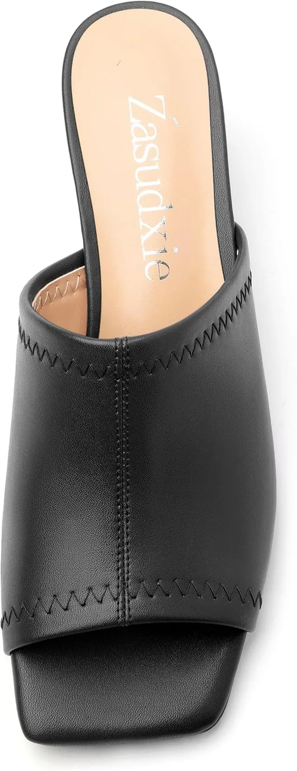 Womens Kitten Heel Open Square Toe Slip-on Sandals Casual Fashion Dress Summer Mules Shoes 2 Inches Heels