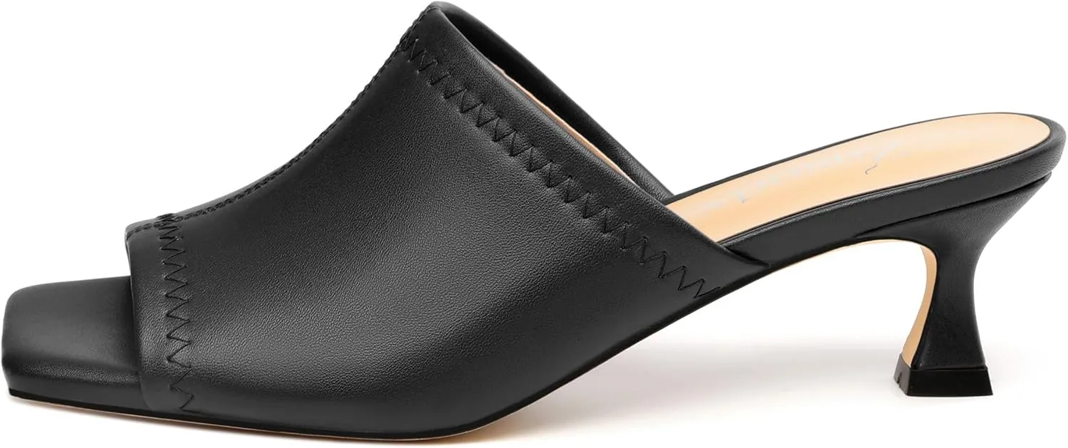 Womens Kitten Heel Open Square Toe Slip-on Sandals Casual Fashion Dress Summer Mules Shoes 2 Inches Heels