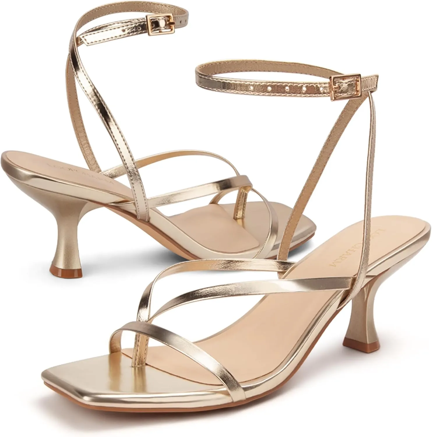 Women's Kitten Heel Strappy Open Square Toe Thong Ankle Strap Heels for Wedding
