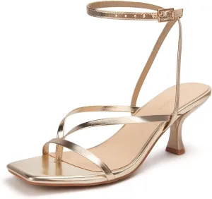 Women's Kitten Heel Strappy Open Square Toe Thong Ankle Strap Heels for Wedding