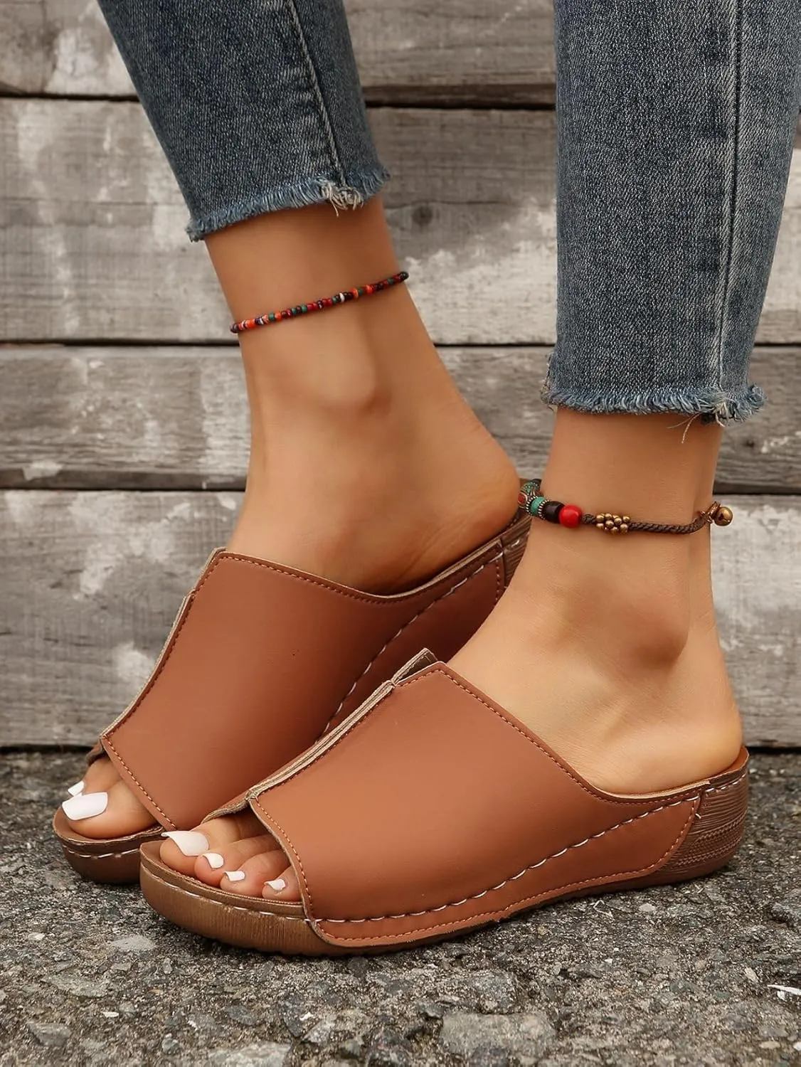 Women's Leather Platform Wedge SlideSandals, Lightweight, Walking Summer Sandals,Ideal for All-Day Comfort and Style
