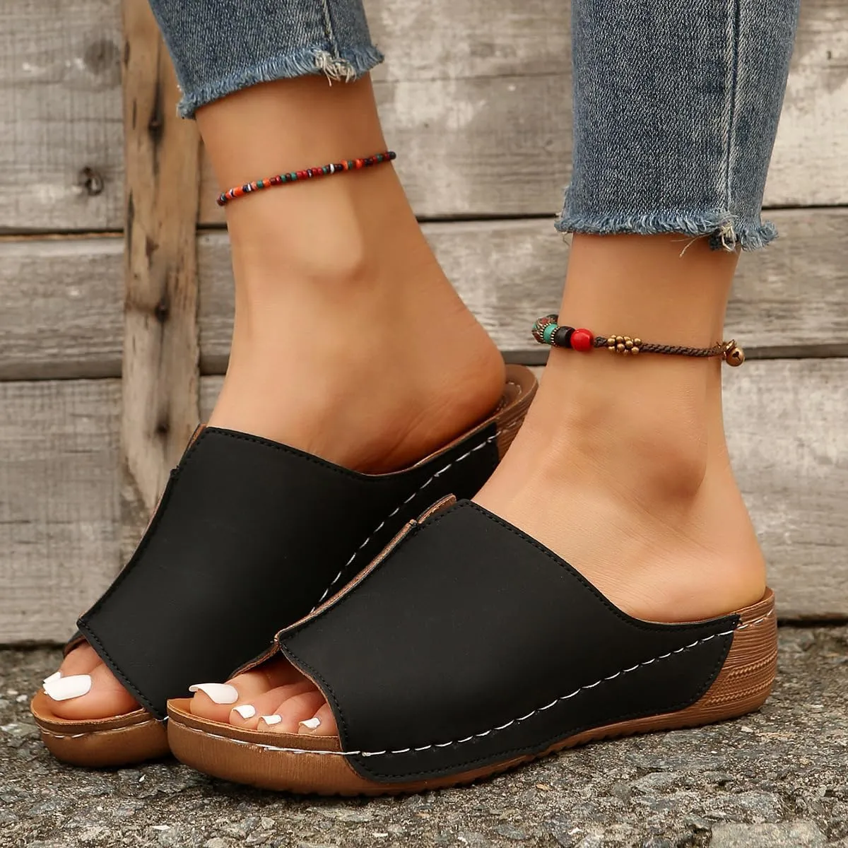 Women's Leather Platform Wedge SlideSandals, Lightweight, Walking Summer Sandals,Ideal for All-Day Comfort and Style
