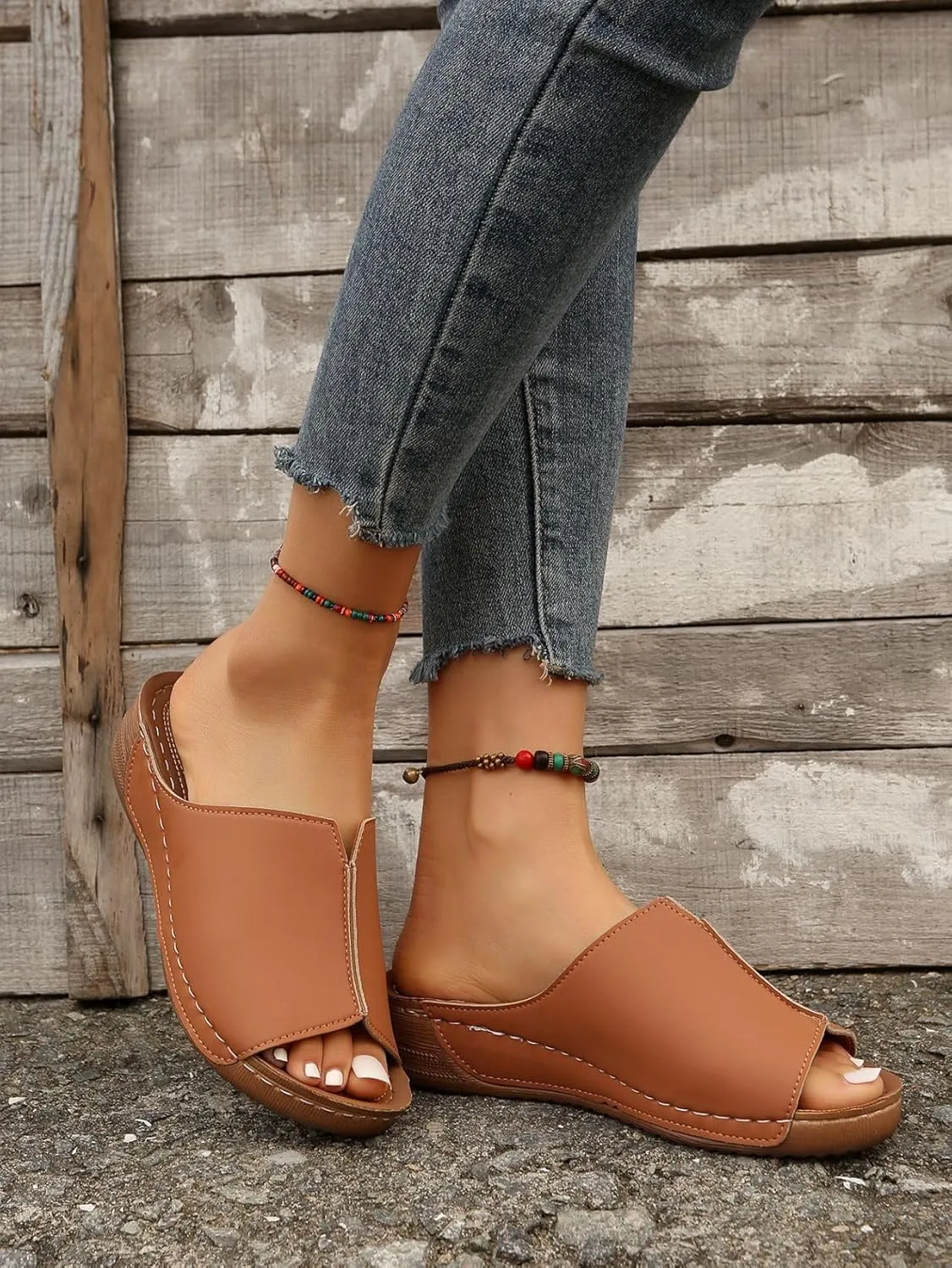 Women's Leather Platform Wedge SlideSandals, Lightweight, Walking Summer Sandals,Ideal for All-Day Comfort and Style