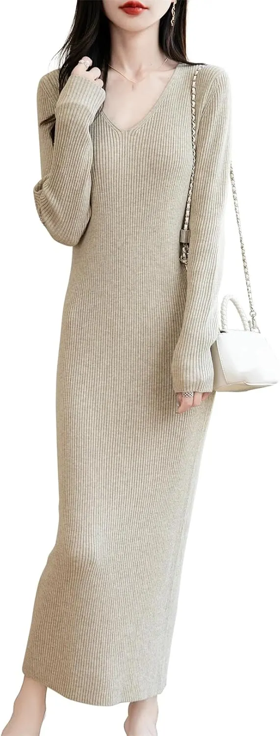 Women’S Long Dress V-Neck Long Sleeve Mid-Calf Pullover Sweater Dress