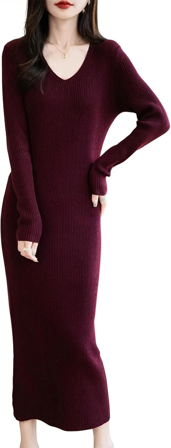 Women’S Long Dress V-Neck Long Sleeve Mid-Calf Pullover Sweater Dress