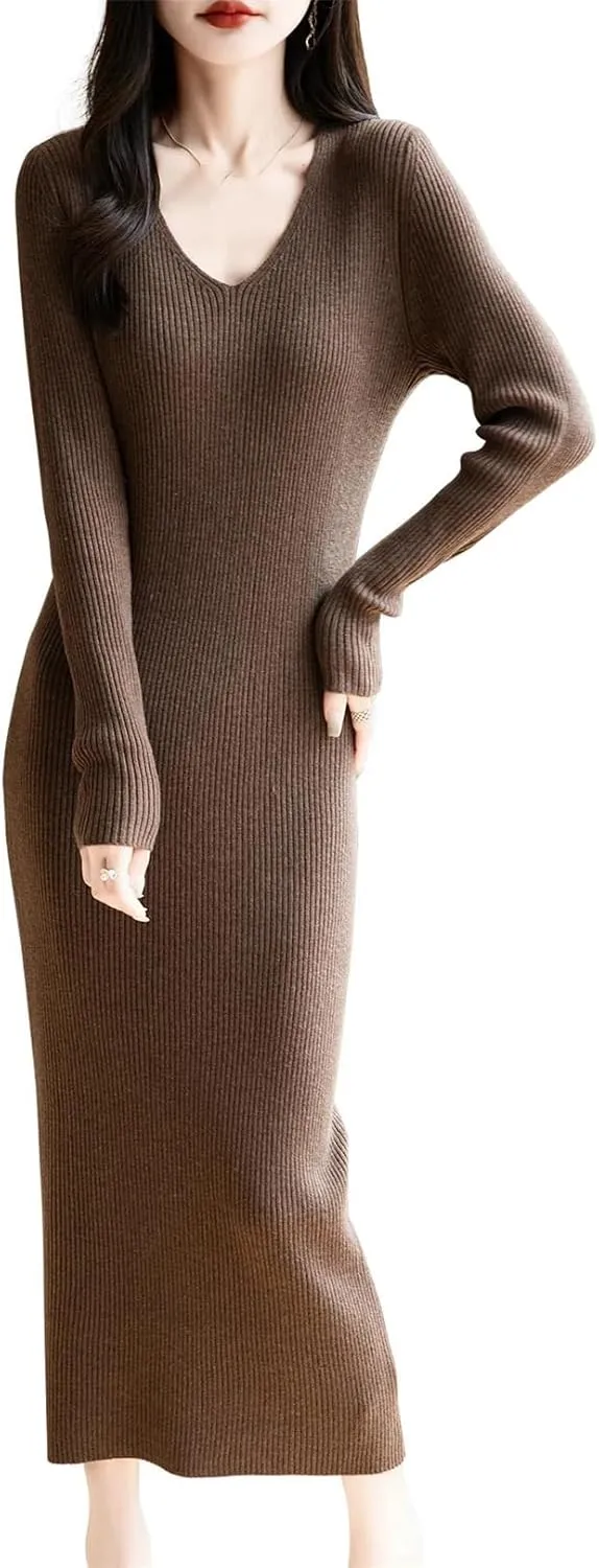 Women’S Long Dress V-Neck Long Sleeve Mid-Calf Pullover Sweater Dress