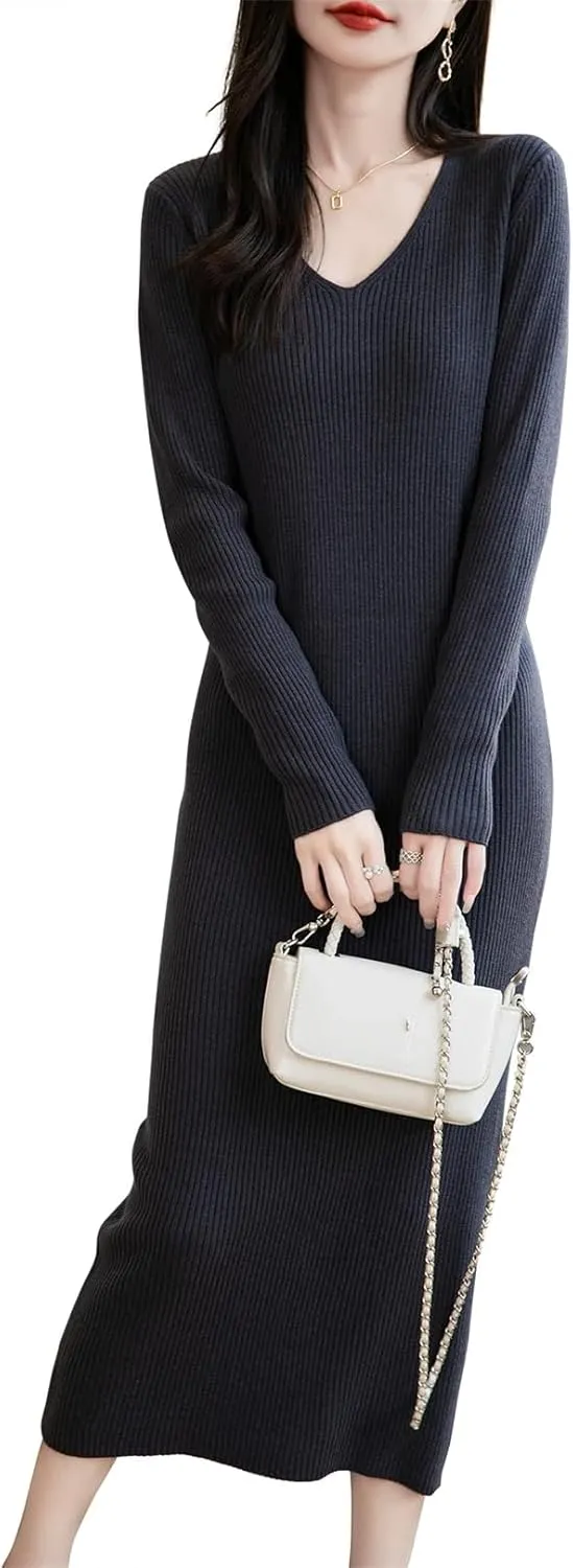 Women’S Long Dress V-Neck Long Sleeve Mid-Calf Pullover Sweater Dress