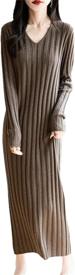 Women’S Long Dress V-Neck Long Sleeve Mid-Calf Pullover Sweater Dress