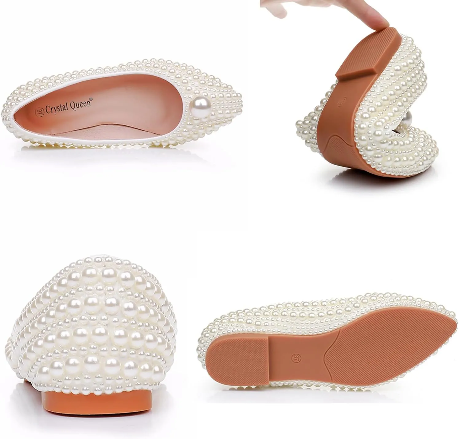 Women's Pearl Pointed Toe Flat Dress Shoes Elegant Sparkly Slip-On Comfort Soft Sole Ballet Flats Low Chunky Heel Wedding Bridal Pumps