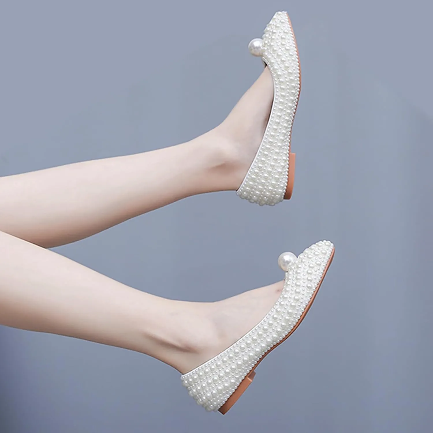 Women's Pearl Pointed Toe Flat Dress Shoes Elegant Sparkly Slip-On Comfort Soft Sole Ballet Flats Low Chunky Heel Wedding Bridal Pumps