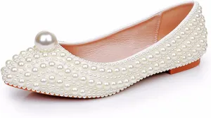Women's Pearl Pointed Toe Flat Dress Shoes Elegant Sparkly Slip-On Comfort Soft Sole Ballet Flats Low Chunky Heel Wedding Bridal Pumps