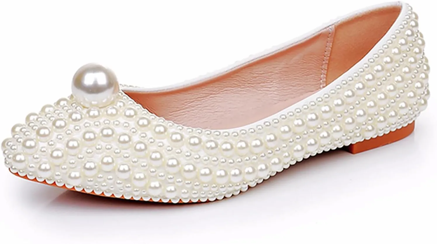 Women's Pearl Pointed Toe Flat Dress Shoes Elegant Sparkly Slip-On Comfort Soft Sole Ballet Flats Low Chunky Heel Wedding Bridal Pumps