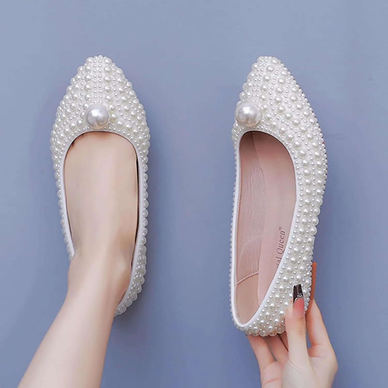Women's Pearl Pointed Toe Flat Dress Shoes Elegant Sparkly Slip-On Comfort Soft Sole Ballet Flats Low Chunky Heel Wedding Bridal Pumps