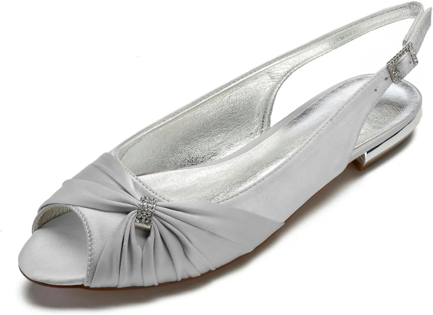 Women's Peep Toe Flat Pumps Slingback Evening Party Comfort Bridal Flats Sandals with Buckle Satin Wedding Dress Shoes