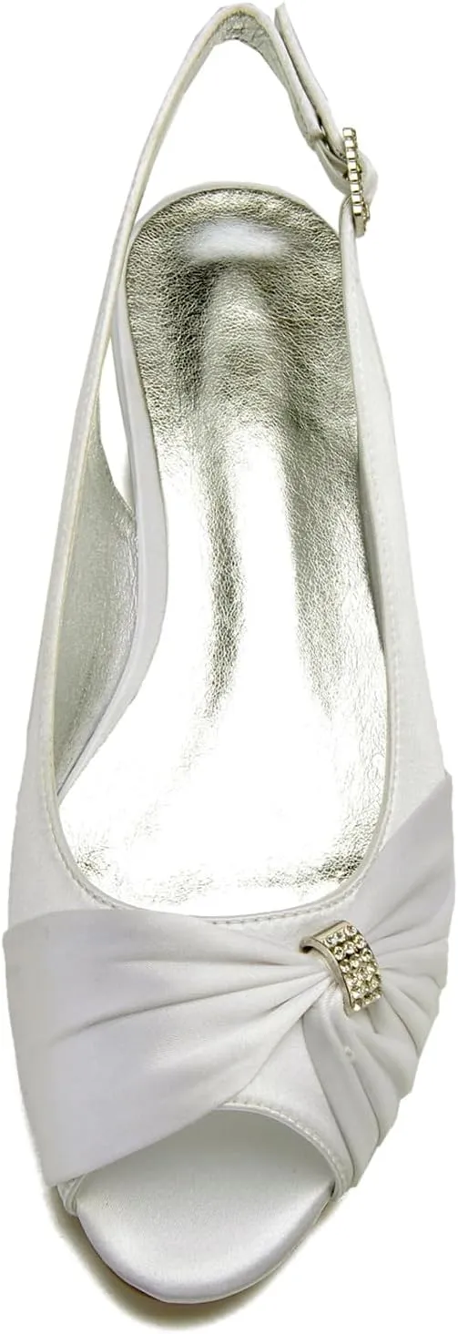Women's Peep Toe Flat Pumps Slingback Evening Party Comfort Bridal Flats Sandals with Buckle Satin Wedding Dress Shoes