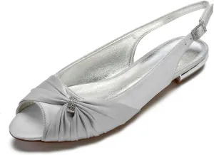 Women's Peep Toe Flat Pumps Slingback Evening Party Comfort Bridal Flats Sandals with Buckle Satin Wedding Dress Shoes
