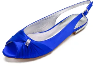 Women's Peep Toe Flat Pumps Slingback Evening Party Comfort Bridal Flats Sandals with Buckle Satin Wedding Dress Shoes