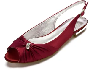 Women's Peep Toe Flat Pumps Slingback Evening Party Comfort Bridal Flats Sandals with Buckle Satin Wedding Dress Shoes