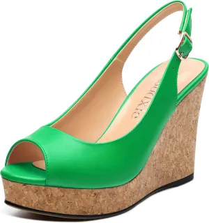 Womens Peep Toe Wedge Heels Matte Fashion Cork Slingback Pumps Platform Wedge Sandals 3.94 Inches