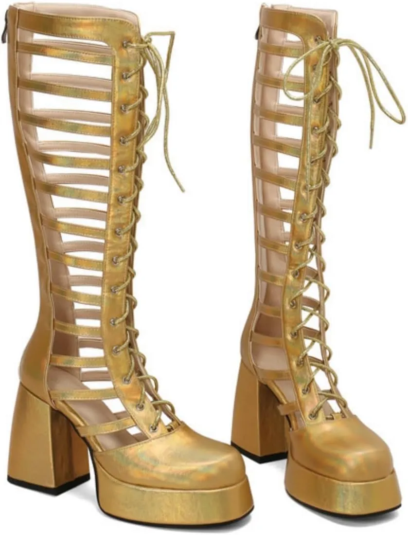 Women's Platform Chunky Heel Block Knee High Boots Square Closed Toe Lace Up Hollow Out Long Boots Back Zipper Low Heel Gladiator Sandals Booties