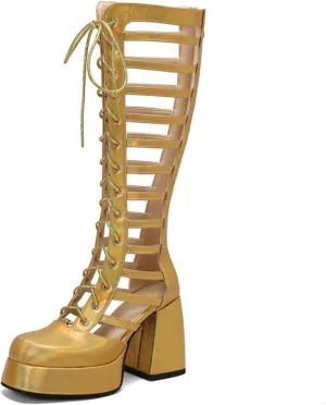 Women's Platform Chunky Heel Block Knee High Boots Square Closed Toe Lace Up Hollow Out Long Boots Back Zipper Low Heel Gladiator Sandals Booties