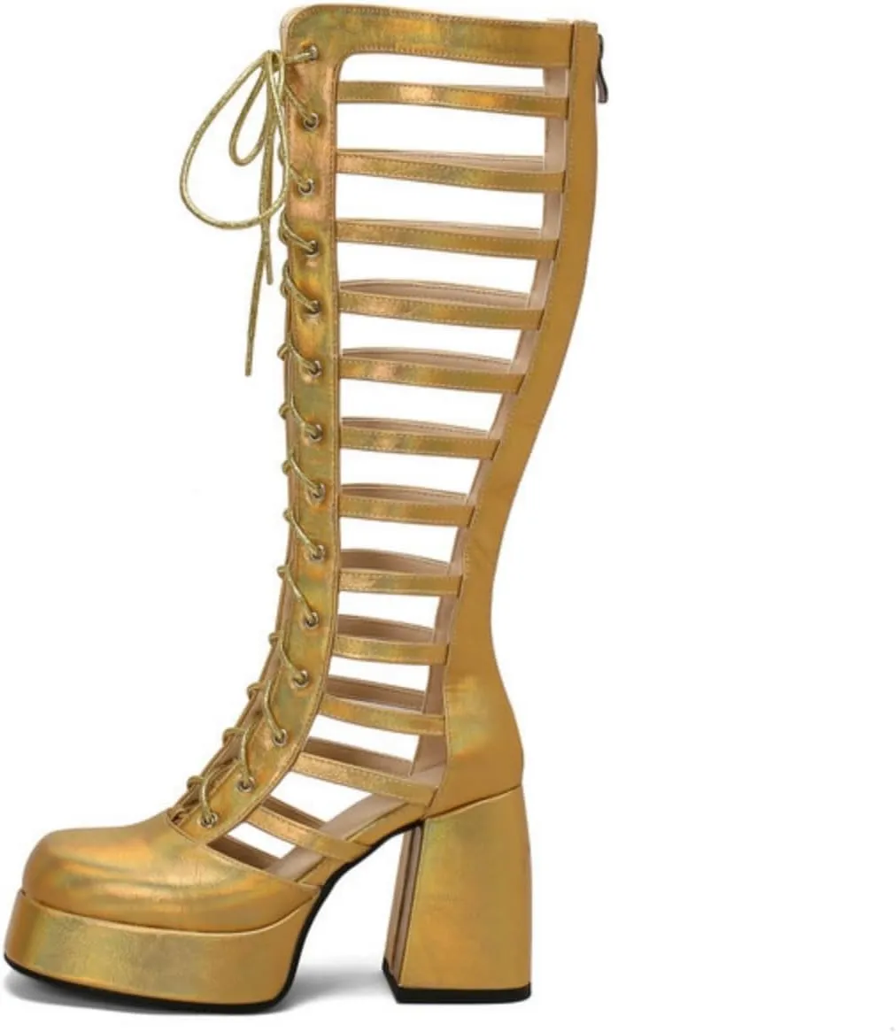 Women's Platform Chunky Heel Block Knee High Boots Square Closed Toe Lace Up Hollow Out Long Boots Back Zipper Low Heel Gladiator Sandals Booties