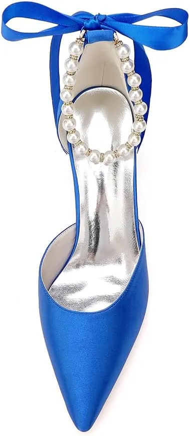 Women's Pointed Toe Block Heels High Hells Ankle Strap Pearls Chunky Satin Bridal Shoes Evening Dress Pumps