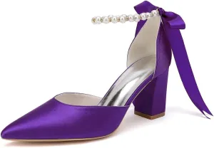Women's Pointed Toe Block Heels High Hells Ankle Strap Pearls Chunky Satin Bridal Shoes Evening Dress Pumps