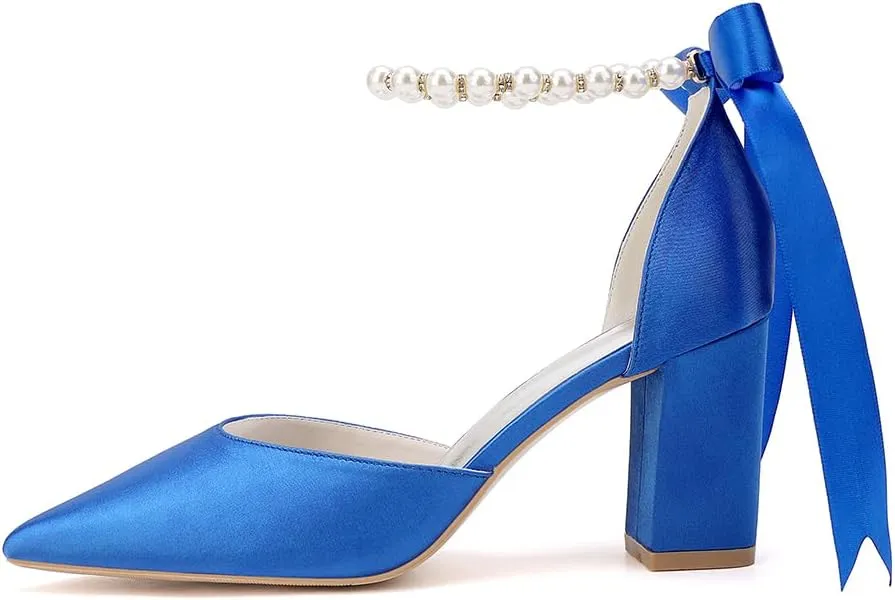 Women's Pointed Toe Block Heels High Hells Ankle Strap Pearls Chunky Satin Bridal Shoes Evening Dress Pumps