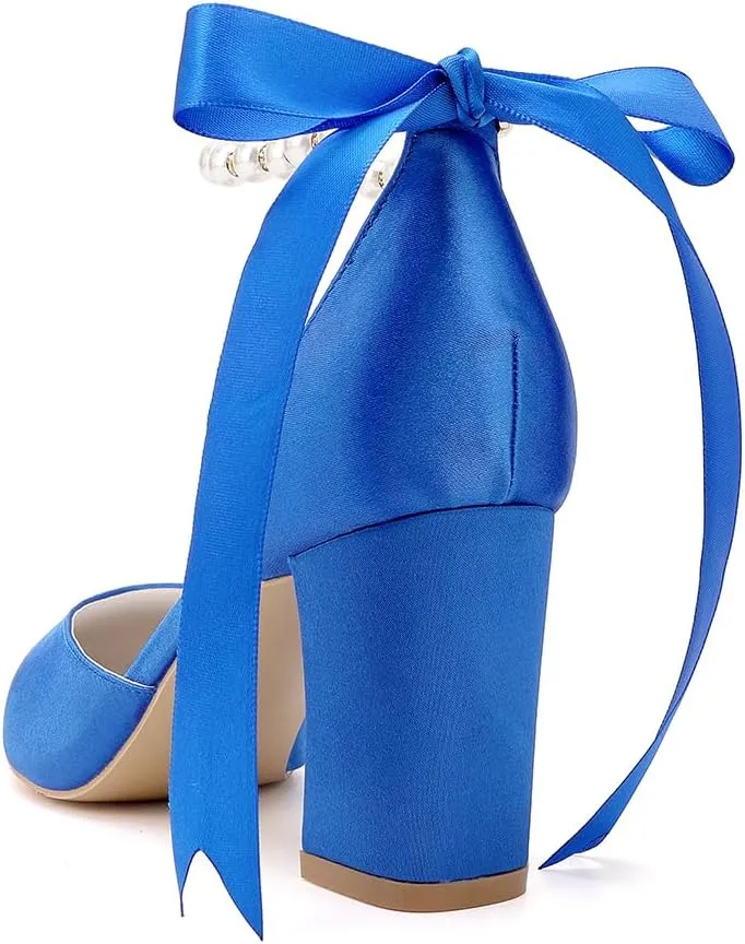Women's Pointed Toe Block Heels High Hells Ankle Strap Pearls Chunky Satin Bridal Shoes Evening Dress Pumps